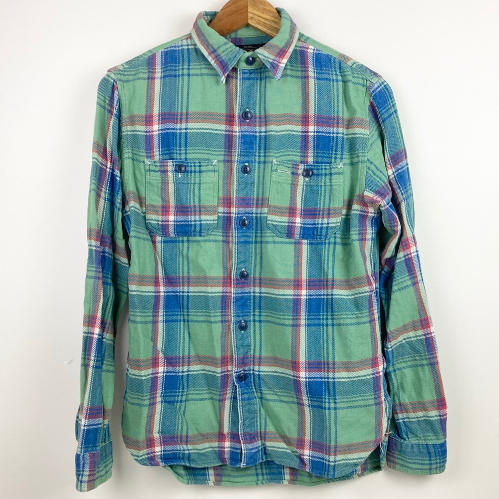 RRL Double RL Ralph Lauren Green & Blue Plaid Check Flannel Men's Size Small